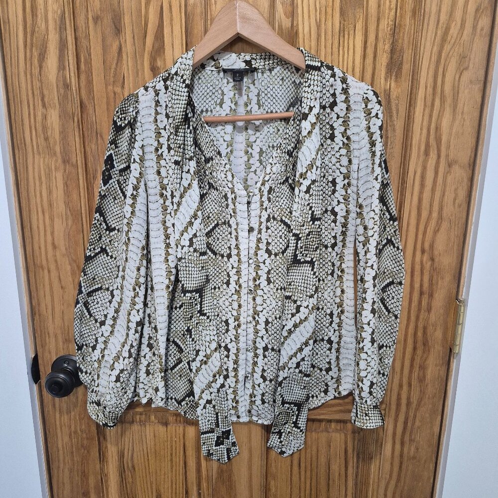 J.Crew Reptile Snake Print Neck Tie Button Up V-Neck Blouse Top in size 2